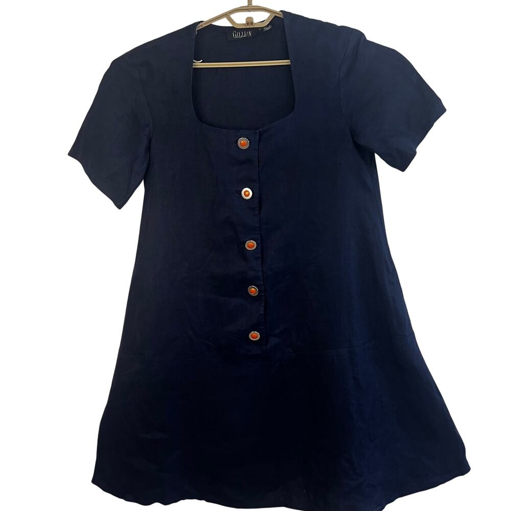 Gillian 100% Linen Navy A-Line Dress Mod Buttons Pockets | Made in Korea Size 8